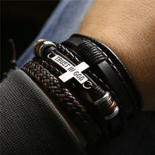 Load image into Gallery viewer, 3 Band Cross Leather Bracelet. A Symbol Of Faith And Strength