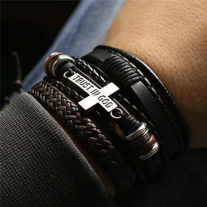 3 Band Cross Leather Bracelet. A Symbol Of Faith And Strength